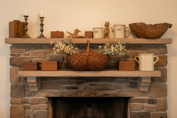 Antique Woven Splint Buttocks Egg Gathering Basket Twisted Handle