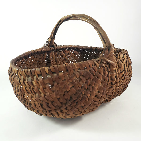 Antique Woven Splint Buttocks Egg Gathering Basket Twisted Handle