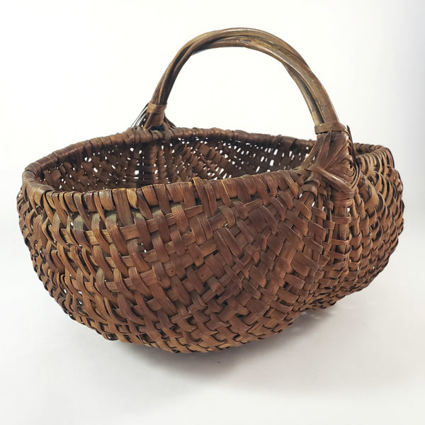 Antique Woven Splint Buttocks Egg Gathering Basket Twisted Handle