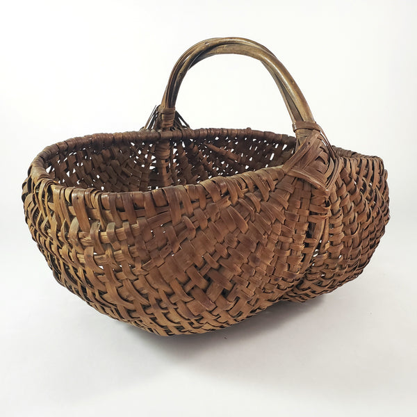 Antique Woven Splint Buttocks Egg Gathering Basket Twisted Handle