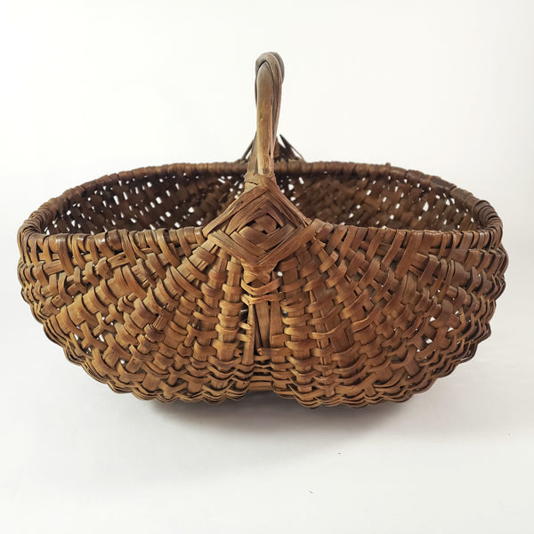 Antique Woven Splint Buttocks Egg Gathering Basket Twisted Handle