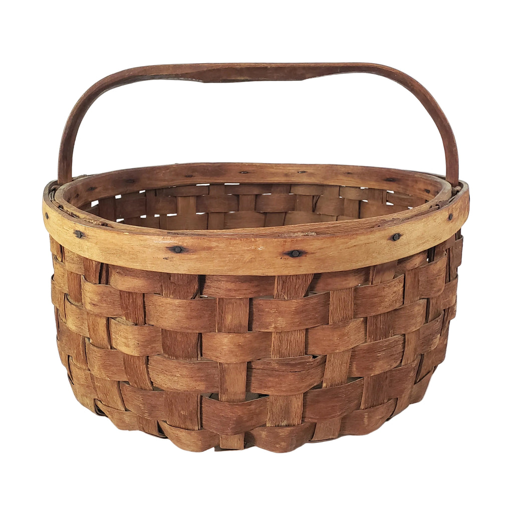 Large Vintage Splint Harvest Gathering Basket Carved Wooden Handle