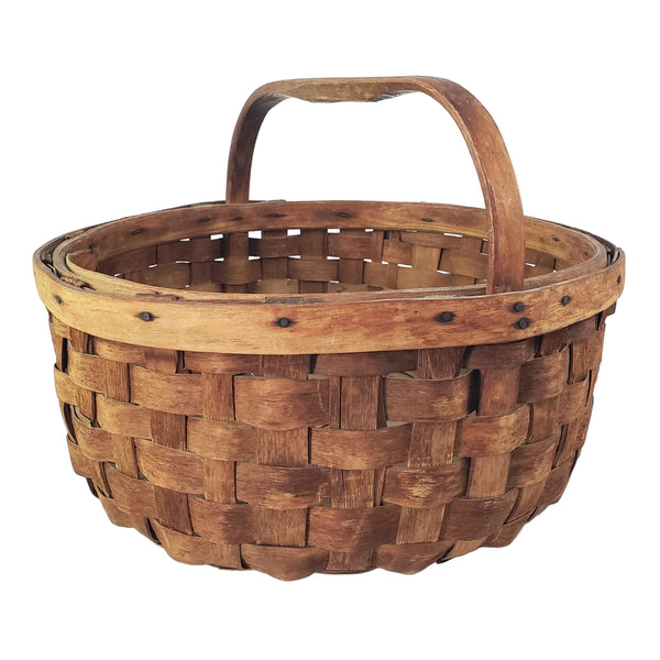 Large Vintage Splint Harvest Gathering Basket Carved Wooden Handle