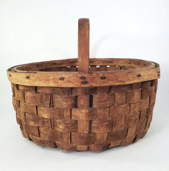 Large Vintage Splint Harvest Gathering Basket Carved Wooden Handle