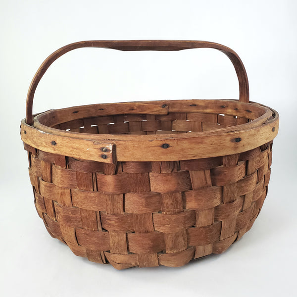 Large Vintage Splint Harvest Gathering Basket Carved Wooden Handle