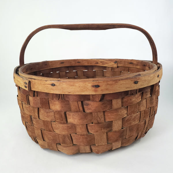 Large Vintage Splint Harvest Gathering Basket Carved Wooden Handle