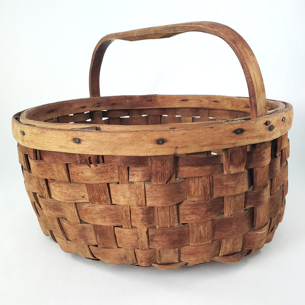 Large Vintage Splint Harvest Gathering Basket Carved Wooden Handle