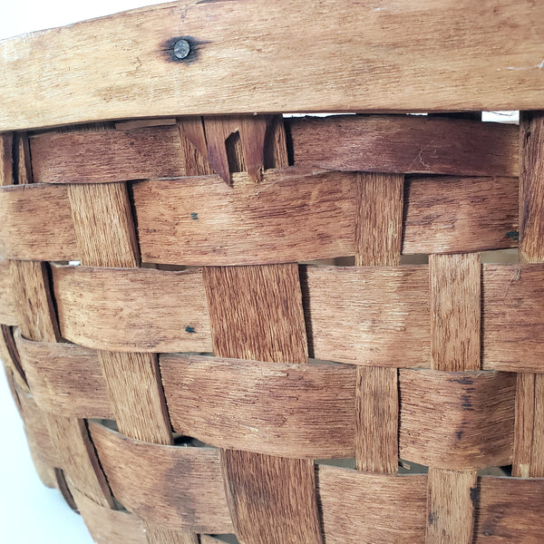 Large Vintage Splint Harvest Gathering Basket Carved Wooden Handle