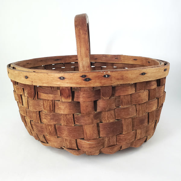 Large Vintage Splint Harvest Gathering Basket Carved Wooden Handle