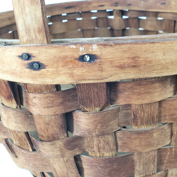 Large Vintage Splint Harvest Gathering Basket Carved Wooden Handle