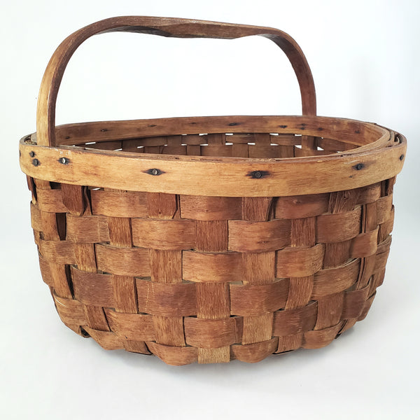 Large Vintage Splint Harvest Gathering Basket Carved Wooden Handle