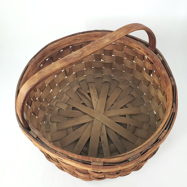 Large Vintage Splint Harvest Gathering Basket Carved Wooden Handle