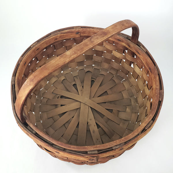 Large Vintage Splint Harvest Gathering Basket Carved Wooden Handle
