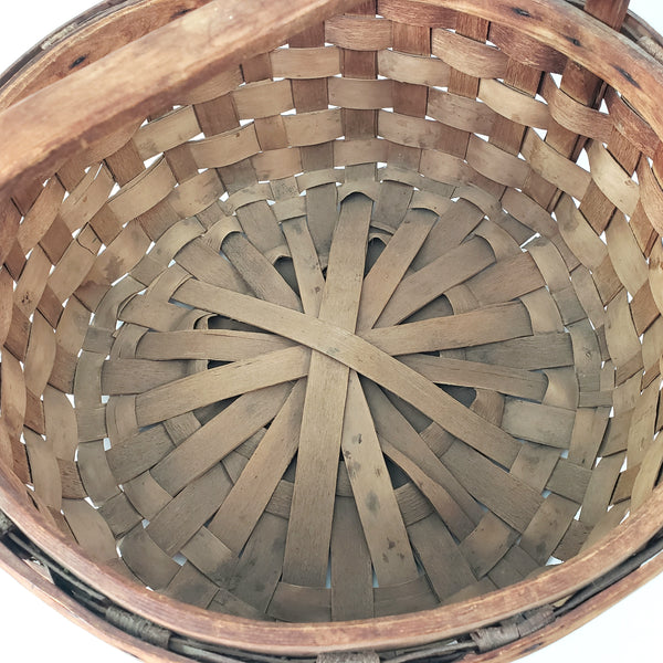Large Vintage Splint Harvest Gathering Basket Carved Wooden Handle