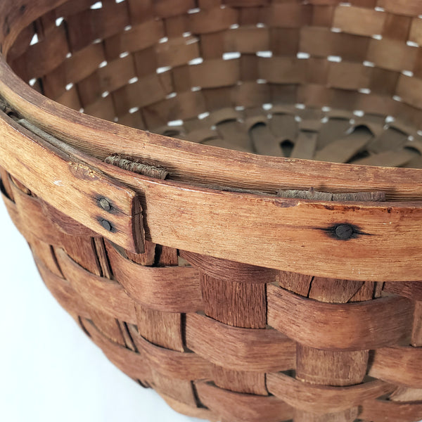 Large Vintage Splint Harvest Gathering Basket Carved Wooden Handle