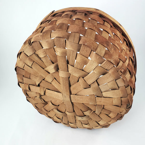Large Vintage Splint Harvest Gathering Basket Carved Wooden Handle