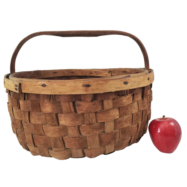 Large Vintage Splint Harvest Gathering Basket Carved Wooden Handle