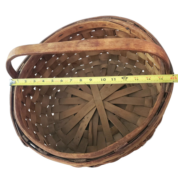 Large Vintage Splint Harvest Gathering Basket Carved Wooden Handle