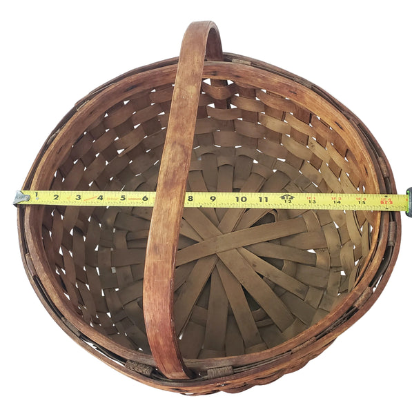 Large Vintage Splint Harvest Gathering Basket Carved Wooden Handle