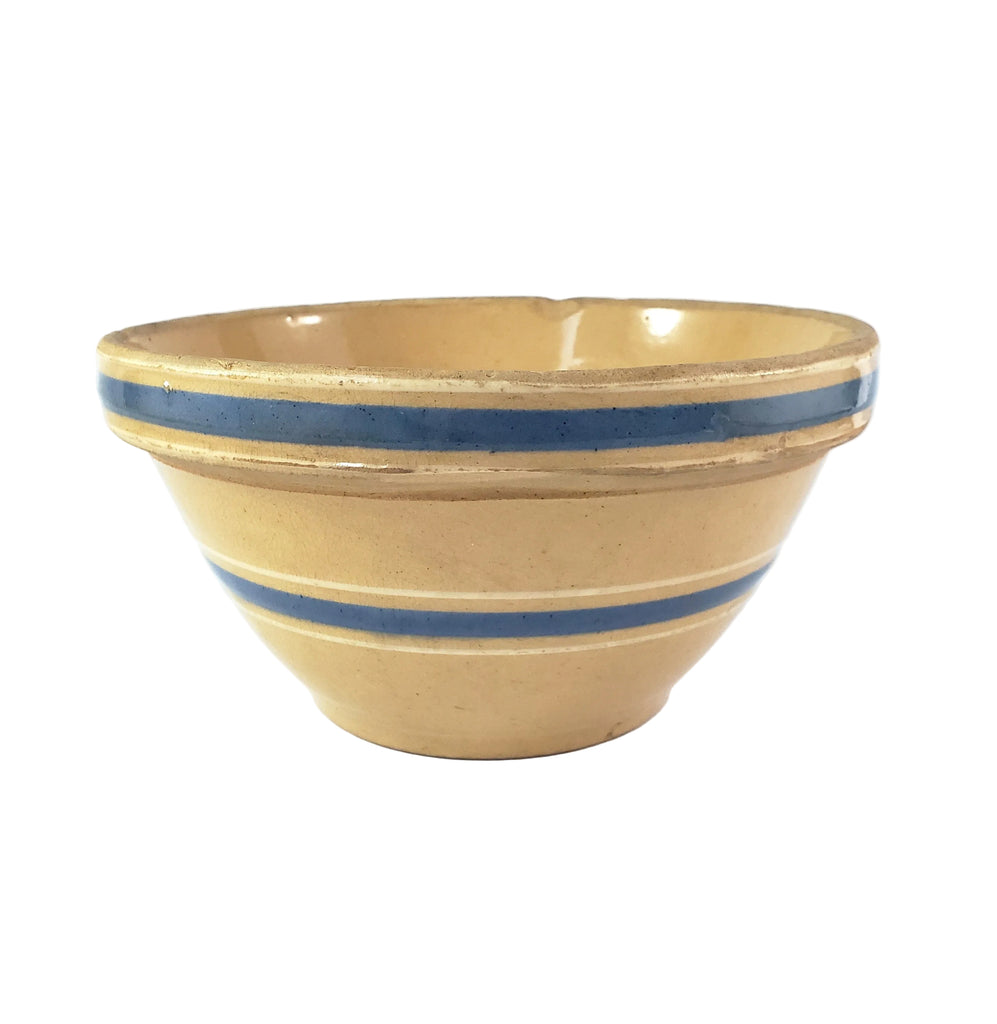 Watt Pottery Farmhouse Yellow ware Bowl 8” Blue and White Bands 1940s