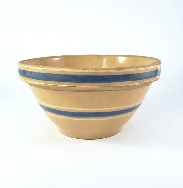 Watt Pottery Farmhouse Yellow ware Bowl 8” Blue and White Bands 1940s