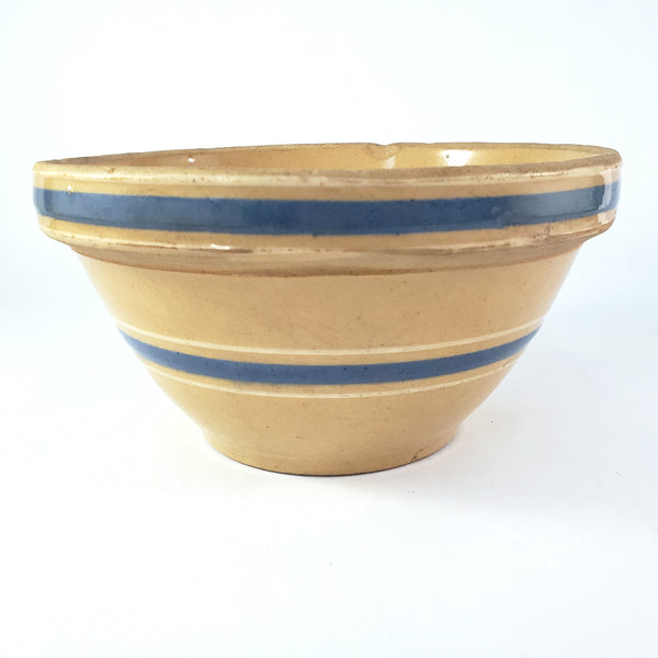 Watt Pottery Farmhouse Yellow ware Bowl 8” Blue and White Bands 1940s