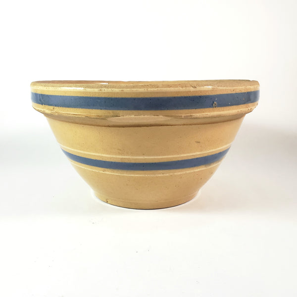 Watt Pottery Farmhouse Yellow ware Bowl 8” Blue and White Bands 1940s