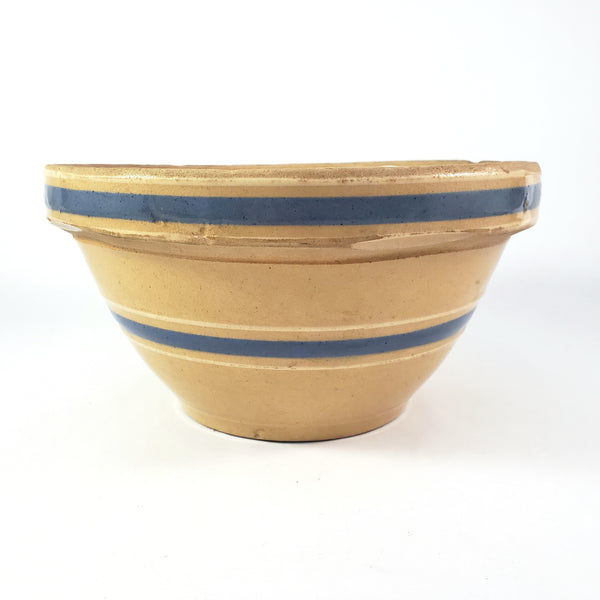 Watt Pottery Farmhouse Yellow ware Bowl 8” Blue and White Bands 1940s
