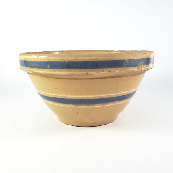 Watt Pottery Farmhouse Yellow ware Bowl 8” Blue and White Bands 1940s