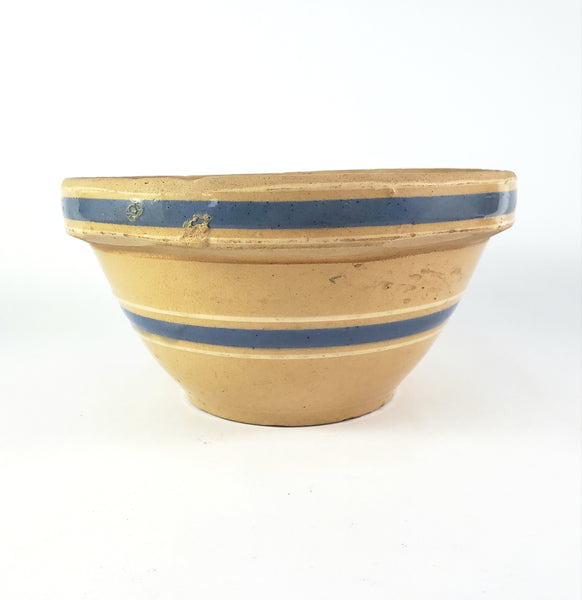 Watt Pottery Farmhouse Yellow ware Bowl 8” Blue and White Bands 1940s