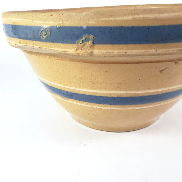 Watt Pottery Farmhouse Yellow ware Bowl 8” Blue and White Bands 1940s