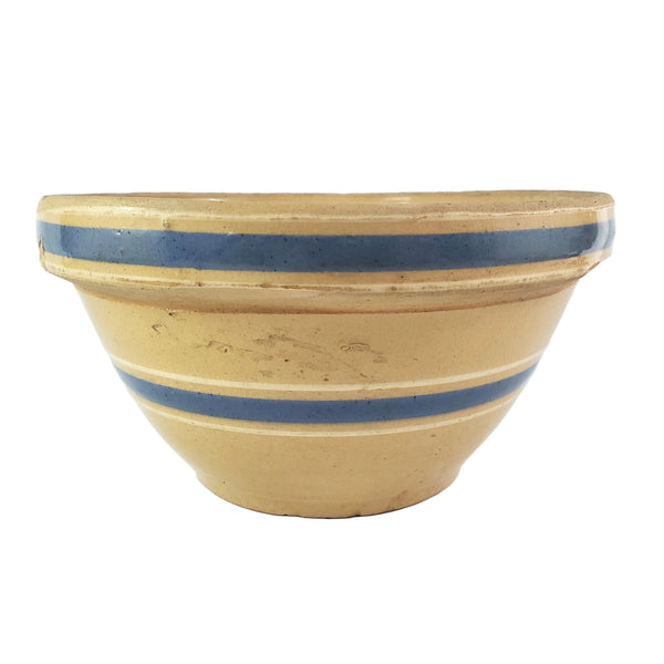 Watt Pottery Farmhouse Yellow ware Bowl 8” Blue and White Bands 1940s