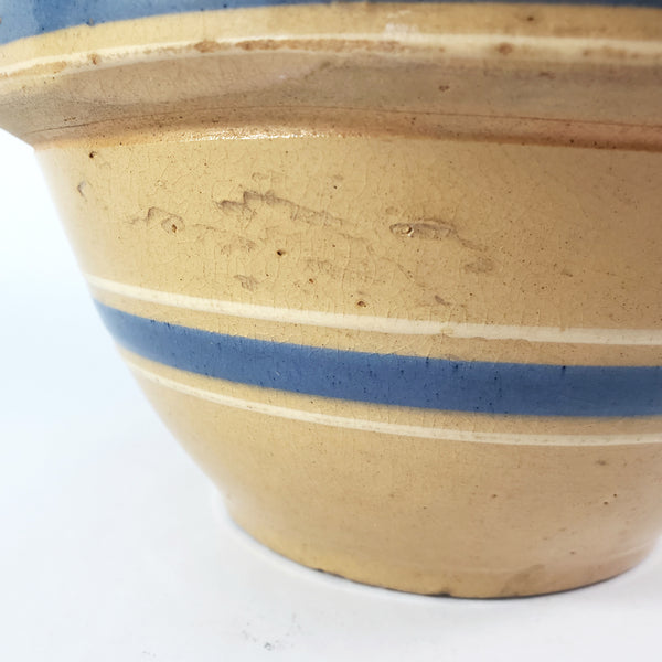 Watt Pottery Farmhouse Yellow ware Bowl 8” Blue and White Bands 1940s