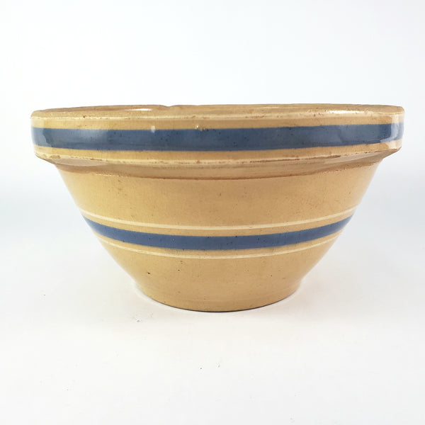 Watt Pottery Farmhouse Yellow ware Bowl 8” Blue and White Bands 1940s