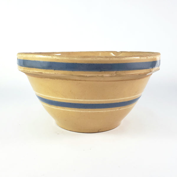 Watt Pottery Farmhouse Yellow ware Bowl 8” Blue and White Bands 1940s