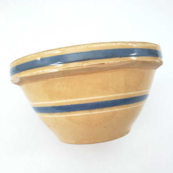 Watt Pottery Farmhouse Yellow ware Bowl 8” Blue and White Bands 1940s
