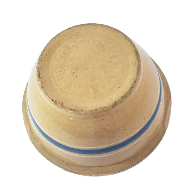 Watt Pottery Farmhouse Yellow ware Bowl 8” Blue and White Bands 1940s