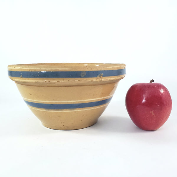 Watt Pottery Farmhouse Yellow ware Bowl 8” Blue and White Bands 1940s