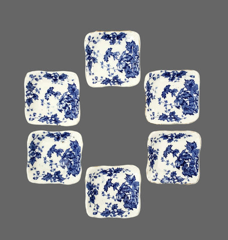 Antique Blue & White Square Butter Pats Set of 6 "Oakland" John Maddock & Sons England