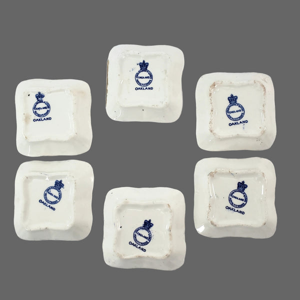 Antique Blue & White Square Butter Pats Set of 6 "Oakland" John Maddock & Sons England