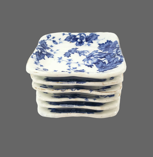 Antique Blue & White Square Butter Pats Set of 6 "Oakland" John Maddock & Sons England