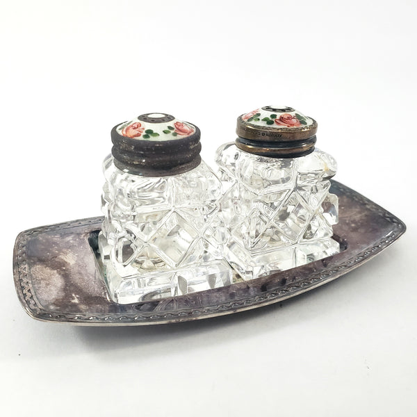 Vintage David Anderson Glass Salt & Pepper Shakers Enamel & Sterling Lids with Tray Norway