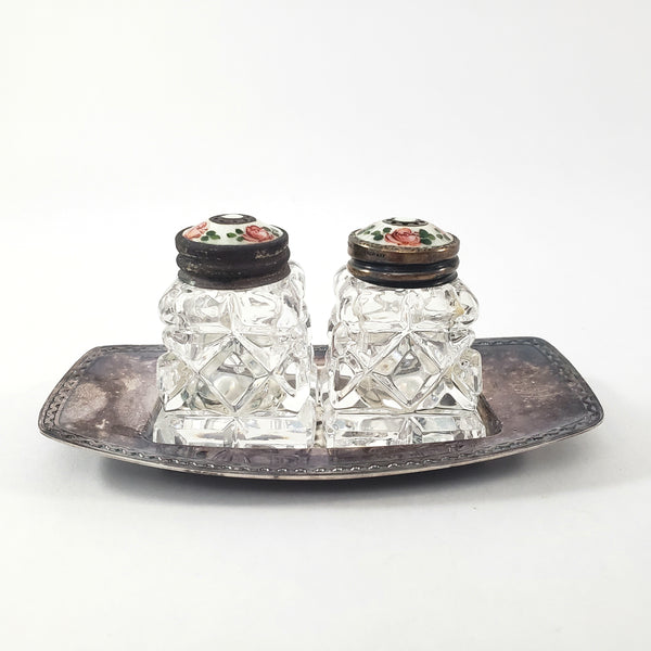 Vintage David Anderson Glass Salt & Pepper Shakers Enamel & Sterling Lids with Tray Norway