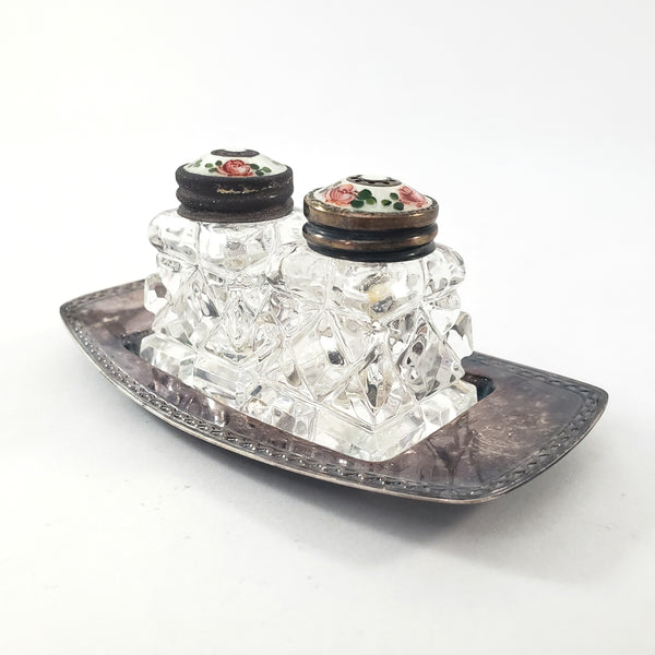 Vintage David Anderson Glass Salt & Pepper Shakers Enamel & Sterling Lids with Tray Norway