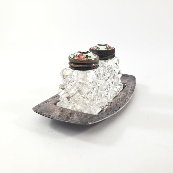 Vintage David Anderson Glass Salt & Pepper Shakers Enamel & Sterling Lids with Tray Norway