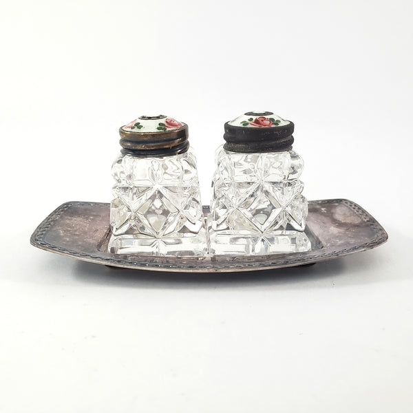 Vintage David Anderson Glass Salt & Pepper Shakers Enamel & Sterling Lids with Tray Norway