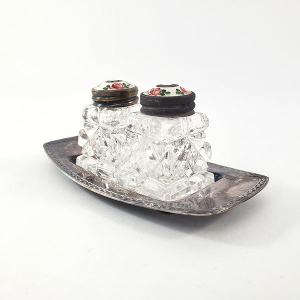 Vintage David Anderson Glass Salt & Pepper Shakers Enamel & Sterling Lids with Tray Norway