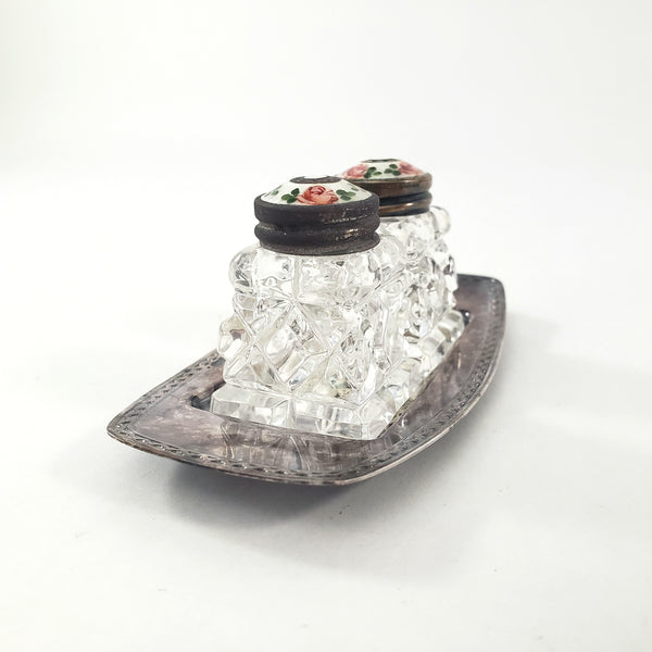 Vintage David Anderson Glass Salt & Pepper Shakers Enamel & Sterling Lids with Tray Norway