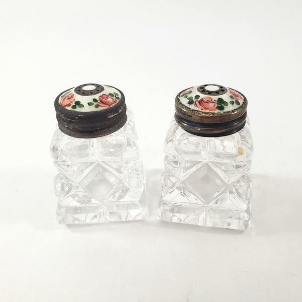 Vintage David Anderson Glass Salt & Pepper Shakers Enamel & Sterling Lids with Tray Norway