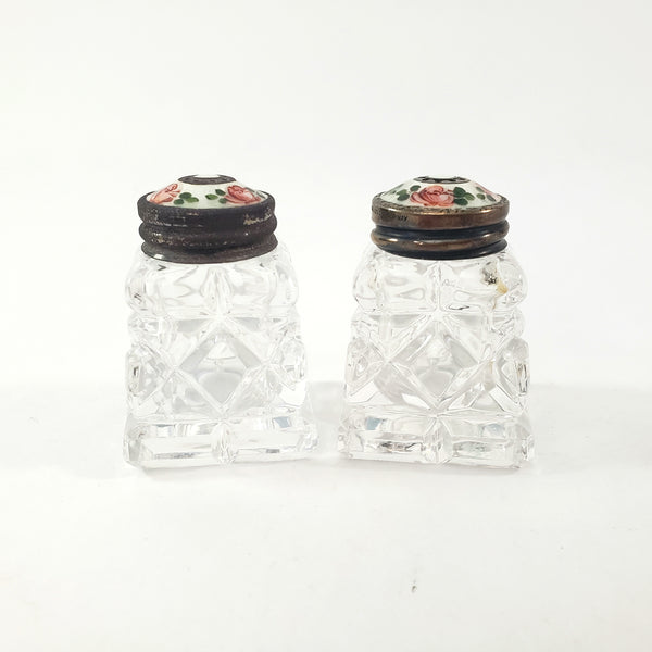 Vintage David Anderson Glass Salt & Pepper Shakers Enamel & Sterling Lids with Tray Norway